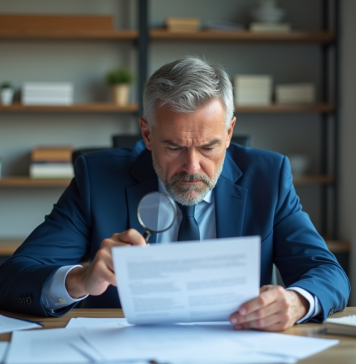 Compagnie frauduleuse : comment reconnaître une arnaque ? Homme d'affaires en costume bleu examinant des documents