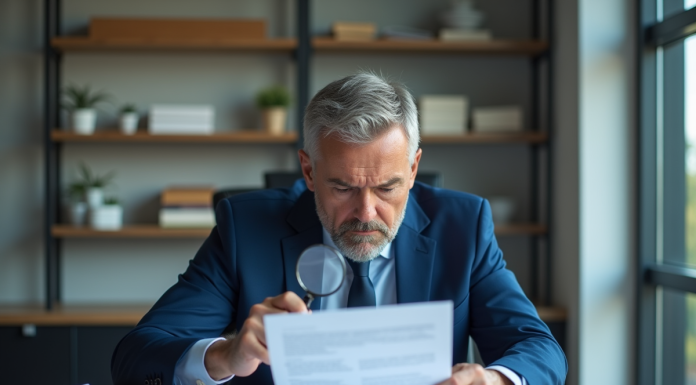 Homme d'affaires en costume bleu examinant des documents