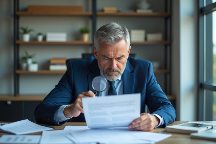 Homme d'affaires en costume bleu examinant des documents