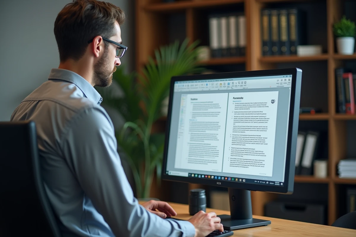 Homme d'affaires modifiant un modèle de note de service sur ordinateur dans un bureau professionnel