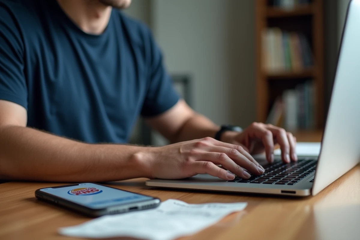 Homme accédant au site BKvousecoute.fr sur un ordinateur portable avec un ticket Burger King posé sur le bureau