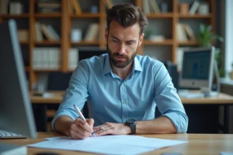 Homme de bureau français marquant des jours sur un calendrier
