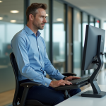 Sécurité au bureau : responsabilité et prévention pour les travailleurs Homme de bureau ajustant une chaise ergonomique dans un bureau moderne