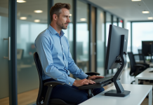 Sécurité au bureau : responsabilité et prévention pour les travailleurs Homme de bureau ajustant une chaise ergonomique dans un bureau moderne