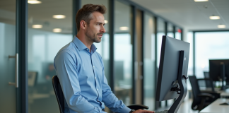 Sécurité au bureau : responsabilité et prévention pour les travailleurs Homme de bureau ajustant une chaise ergonomique dans un bureau moderne