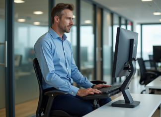 Sécurité au bureau : responsabilité et prévention pour les travailleurs Homme de bureau ajustant une chaise ergonomique dans un bureau moderne