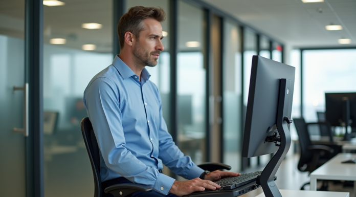 Sécurité au bureau : responsabilité et prévention pour les travailleurs Homme de bureau ajustant une chaise ergonomique dans un bureau moderne