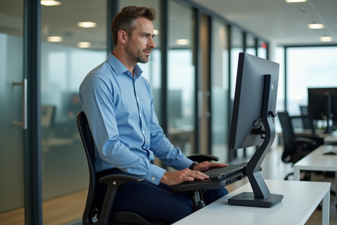 homme-bureau-ergonomie Homme de bureau ajustant une chaise ergonomique dans un bureau moderne