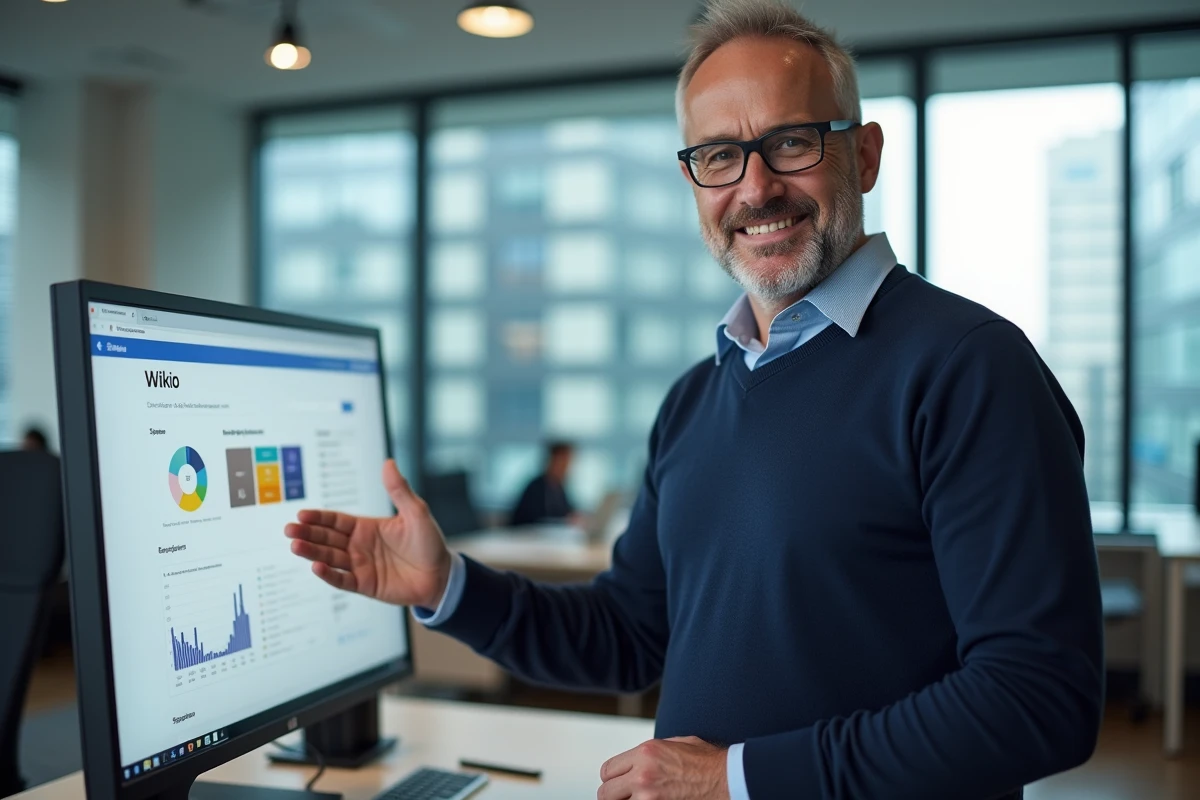 Homme professionnel expliquant des données sur Wikio com