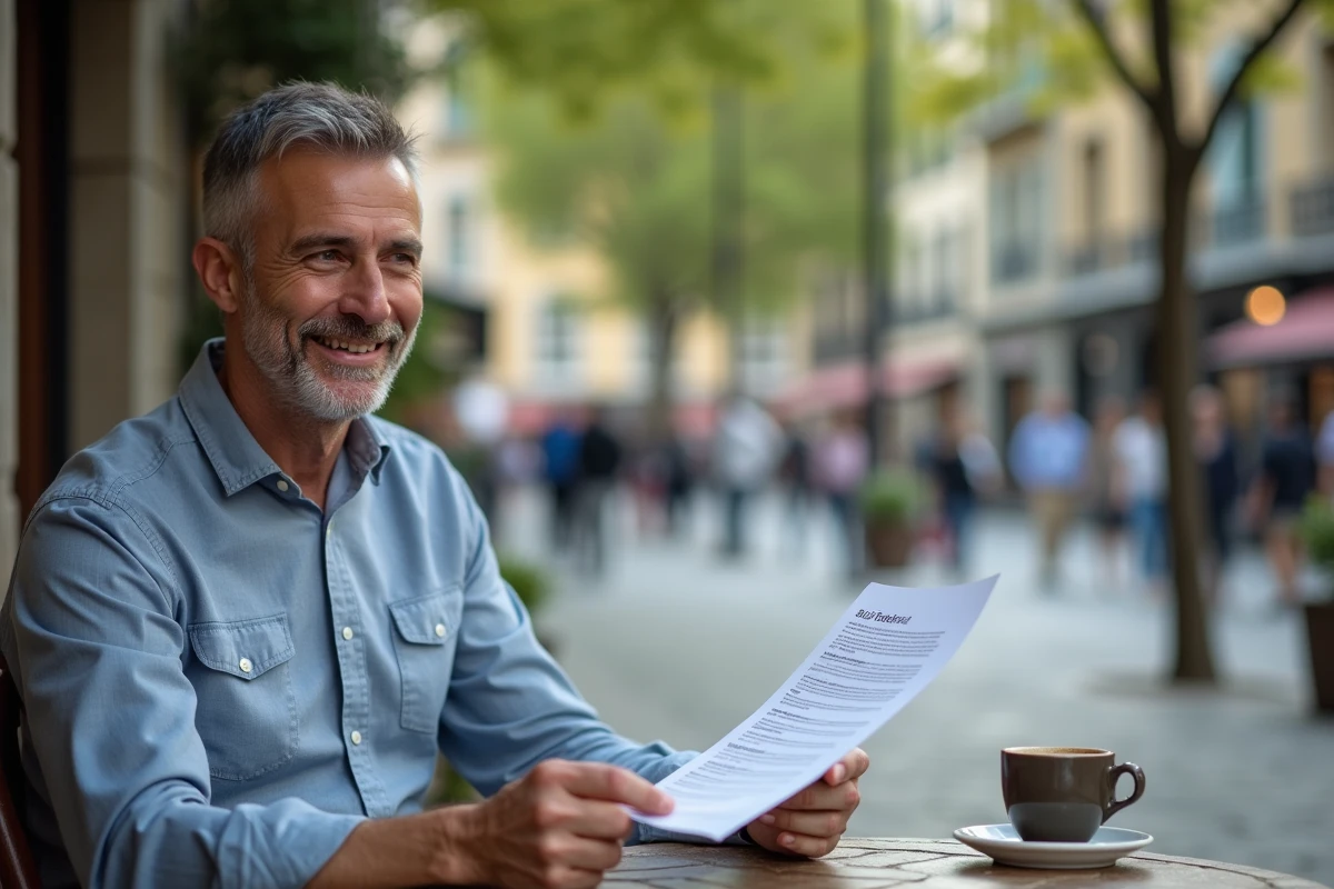 Homme souriant avec rapport dans un café en ville