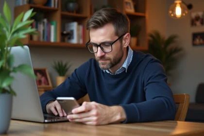 Homme détendu travaillant sur son ordinateur à la maison