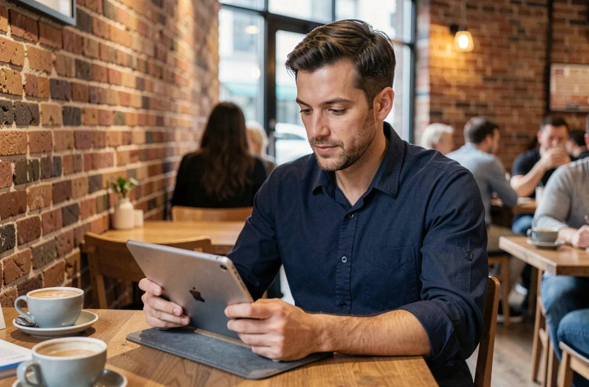 Homme consultant un nouveau site web sur une tablette dans un café urbain moderne
