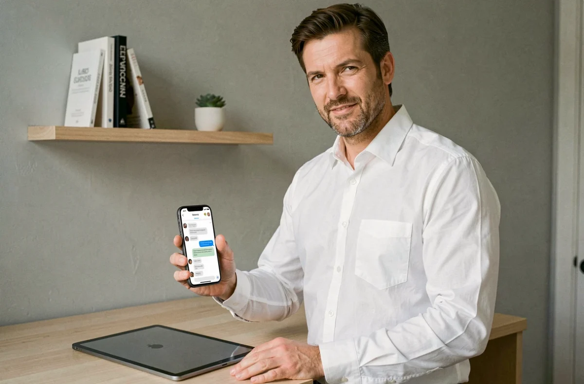 Homme contactant le service client Backmarket par téléphone avec une tablette reconditionnée sur le bureau