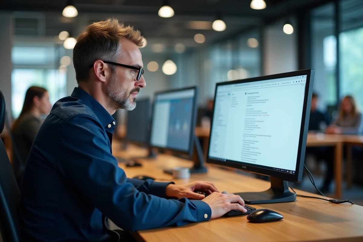 Homme d'âge mûr en espace de coworking mettant à jour son CV en ligne sur une plateforme de recrutement