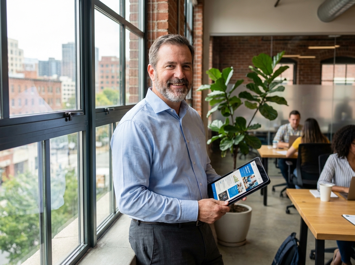 Homme d age moyen tenant une tablette dans un espace de coworking