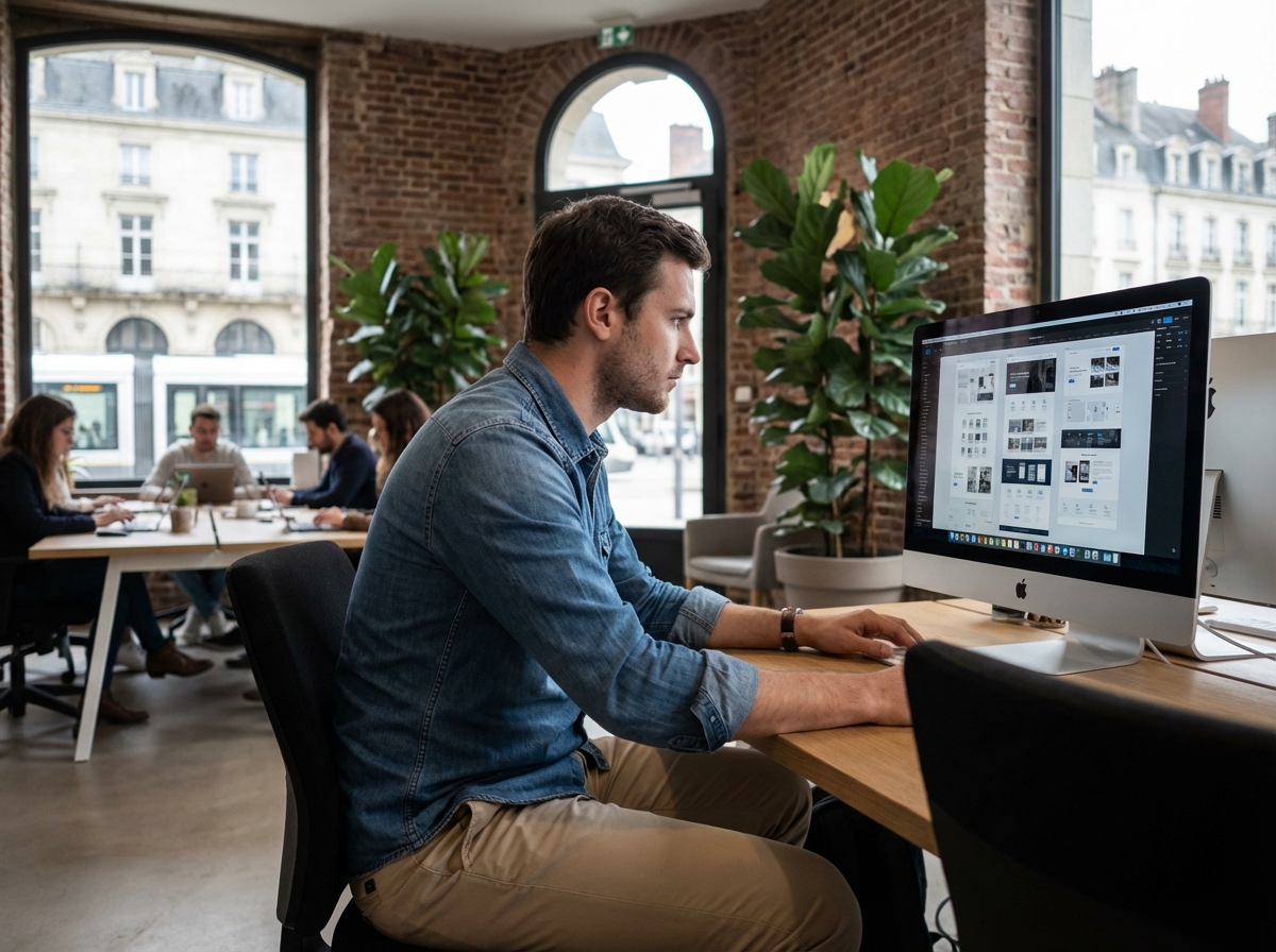 Jeune homme analysant des maquettes sur un grand écran en coworking