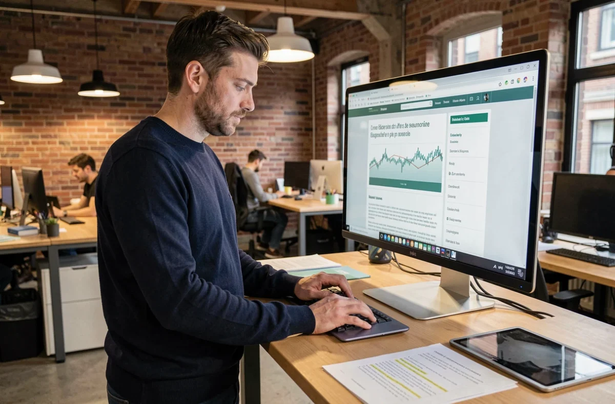 Homme en pull marine consultant un site web de ressources business sur grand écran dans un espace de coworking moderne