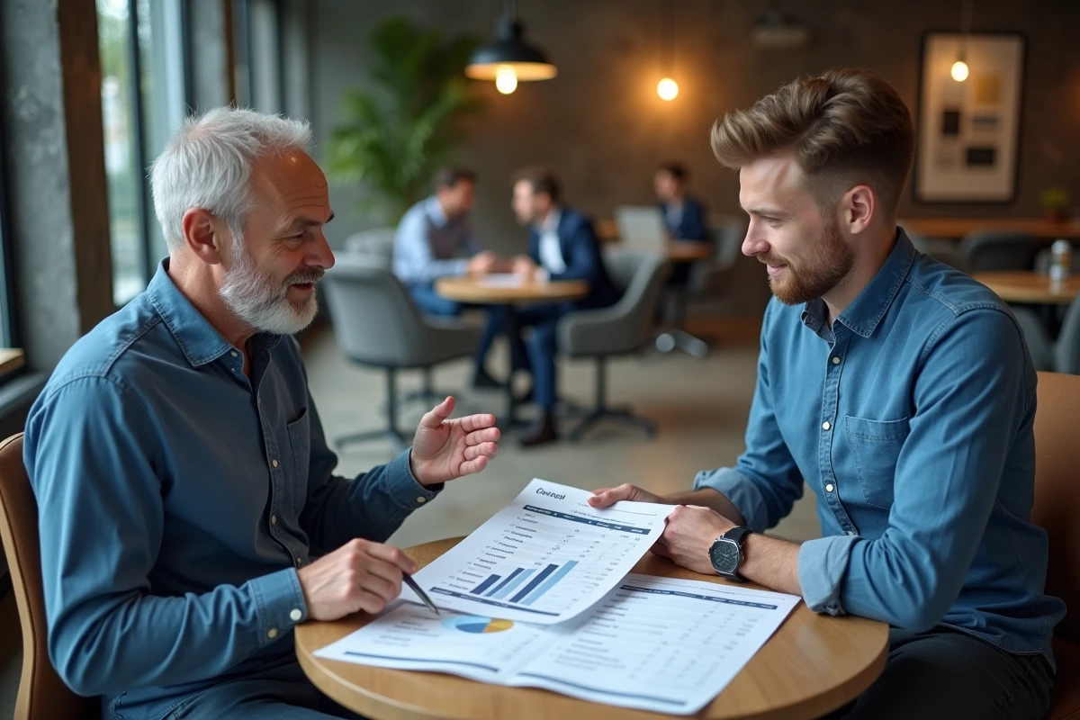Homme discutant de documents financiers avec un collègue dans un espace de coworking