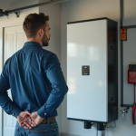 Stockage d’énergie : quel est le meilleur choix pour vous ? Homme examinant une grande batterie domestique dans un garage moderne