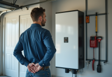 Stockage d’énergie : quel est le meilleur choix pour vous ? Homme examinant une grande batterie domestique dans un garage moderne