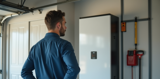 Homme examinant une grande batterie domestique dans un garage moderne