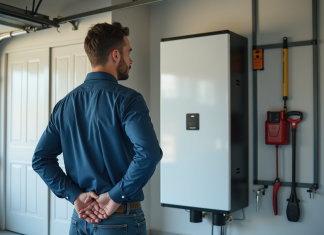 Stockage d’énergie : quel est le meilleur choix pour vous ? Homme examinant une grande batterie domestique dans un garage moderne