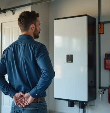 Homme examinant une grande batterie domestique dans un garage moderne