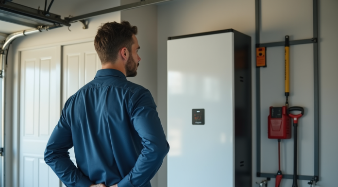 Stockage d’énergie : quel est le meilleur choix pour vous ? Homme examinant une grande batterie domestique dans un garage moderne
