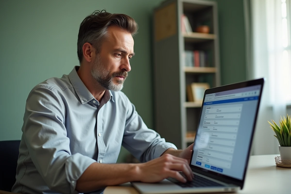 Homme consultant son espace personnel RH sur un ordinateur portable depuis son bureau à domicile