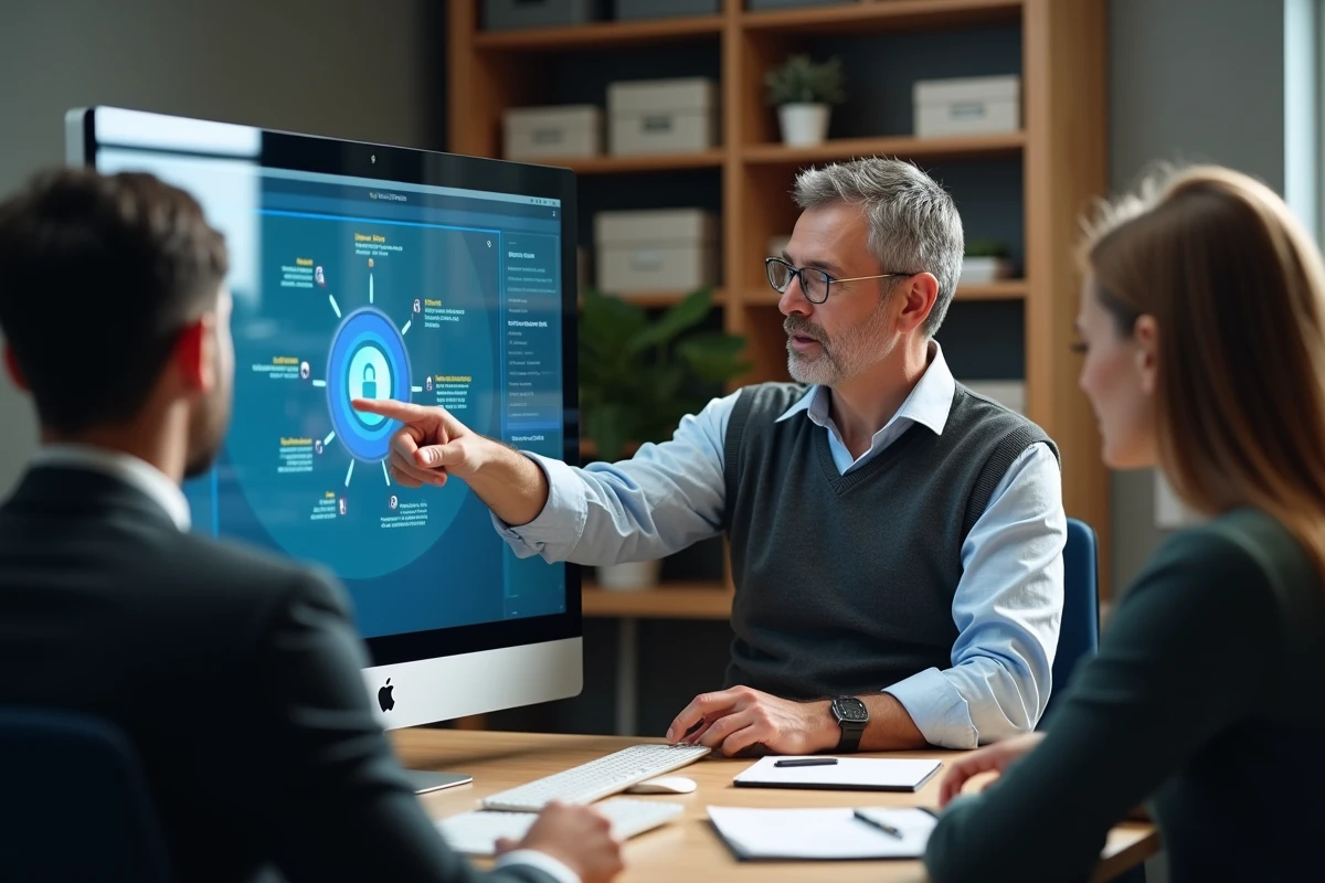 Homme pointant un tableau de bord de protection des donnees