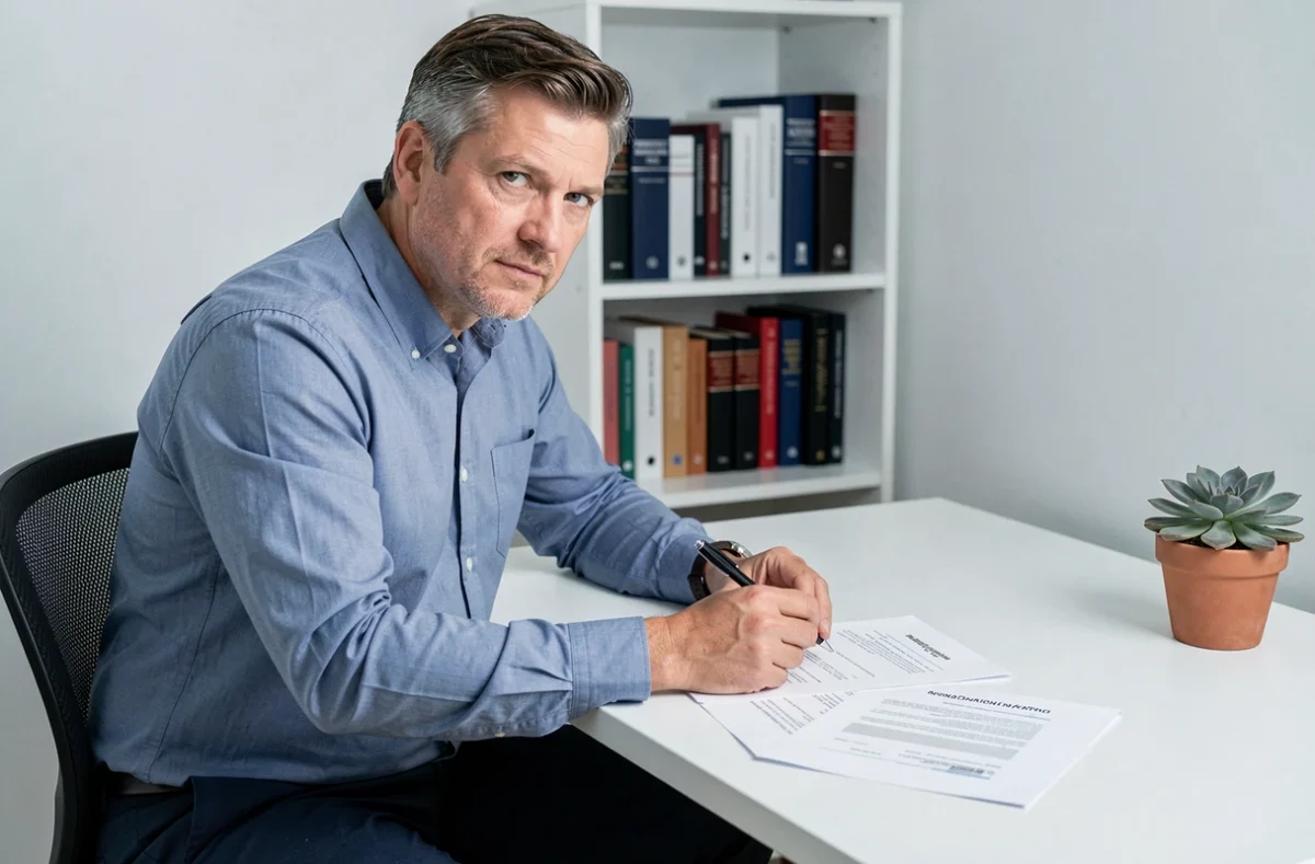Homme freelance à son bureau à domicile analysant deux formulaires administratifs représentant les statuts portage salarial et micro-entreprise
