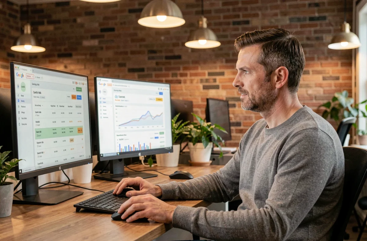 Homme gérant une campagne PPC Google Ads sur double écran dans un espace de coworking