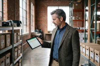 Homme d affaires vérifiant inventaire sur tablette