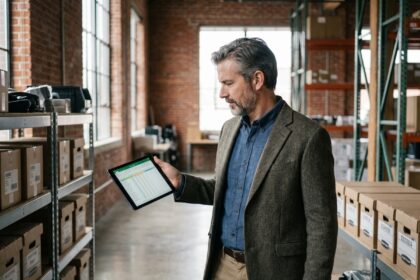 Homme d affaires vérifiant inventaire sur tablette