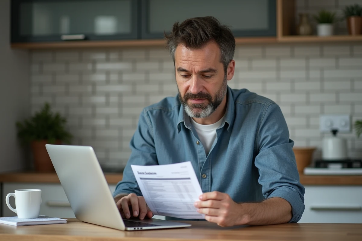 Homme regarde un relevé bancaire en travaillant sur son ordinateur