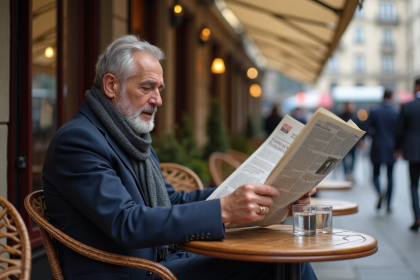 Homme d age lisant un journal sur une terrasse parisienne