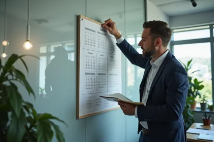 Homme d affaires vérifiant un calendrier mural dans un bureau moderne