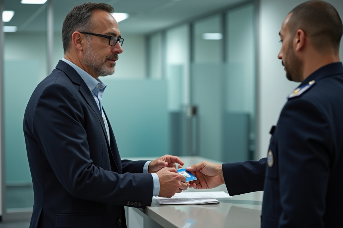 Homme d age moyen montre sa piece d identite a un agent administratif
