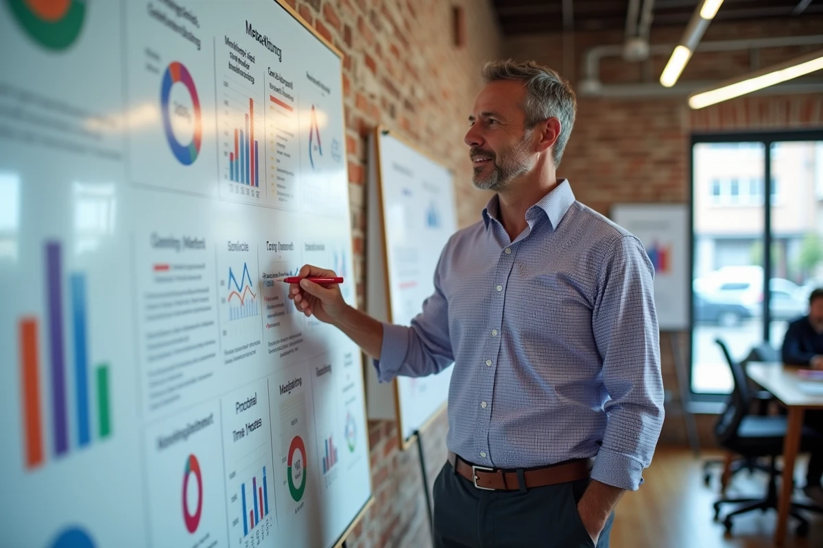 Homme en tenue décontractée pointant un tableau blanc marketing