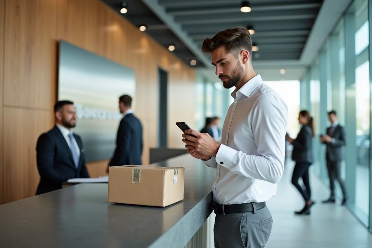 Jeune homme réceptionnant un colis dans un bureau moderne