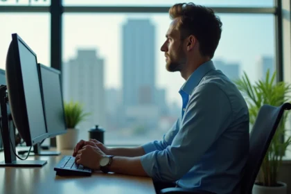 Homme pensif dans un bureau moderne regardant par la fenêtre