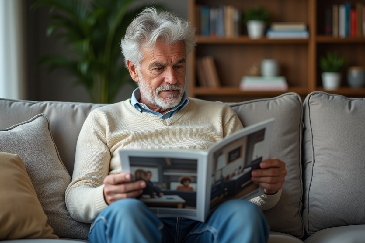 Homme lisant un magazine dans un salon cosy