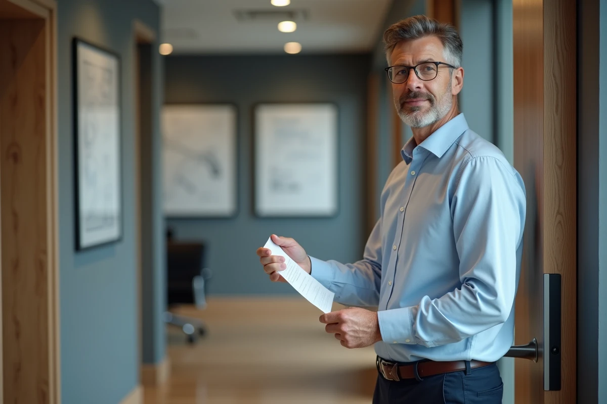 Homme tenant une lettre de démission dans un couloir d