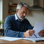 Chômage : durée et conditions, ce qu’il faut savoir en France Homme d'âge moyen examinant des formulaires à la maison