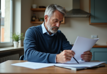 Chômage : durée et conditions, ce qu’il faut savoir en France Homme d'âge moyen examinant des formulaires à la maison
