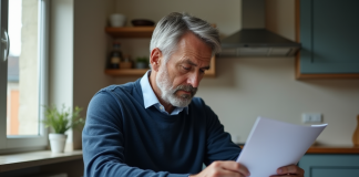 Chômage : durée et conditions, ce qu’il faut savoir en France Homme d'âge moyen examinant des formulaires à la maison