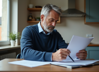 Homme d'âge moyen examinant des formulaires à la maison