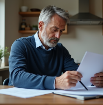 Chômage : durée et conditions, ce qu’il faut savoir en France Homme d'âge moyen examinant des formulaires à la maison