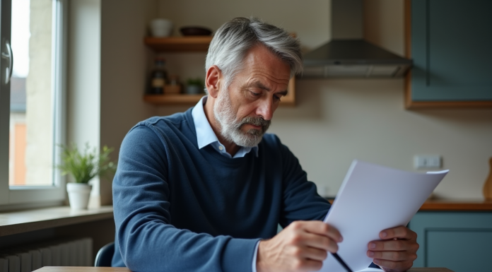 Chômage : durée et conditions, ce qu’il faut savoir en France Homme d'âge moyen examinant des formulaires à la maison