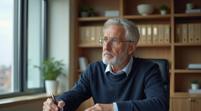 Homme senior pensif dans un bureau moderne